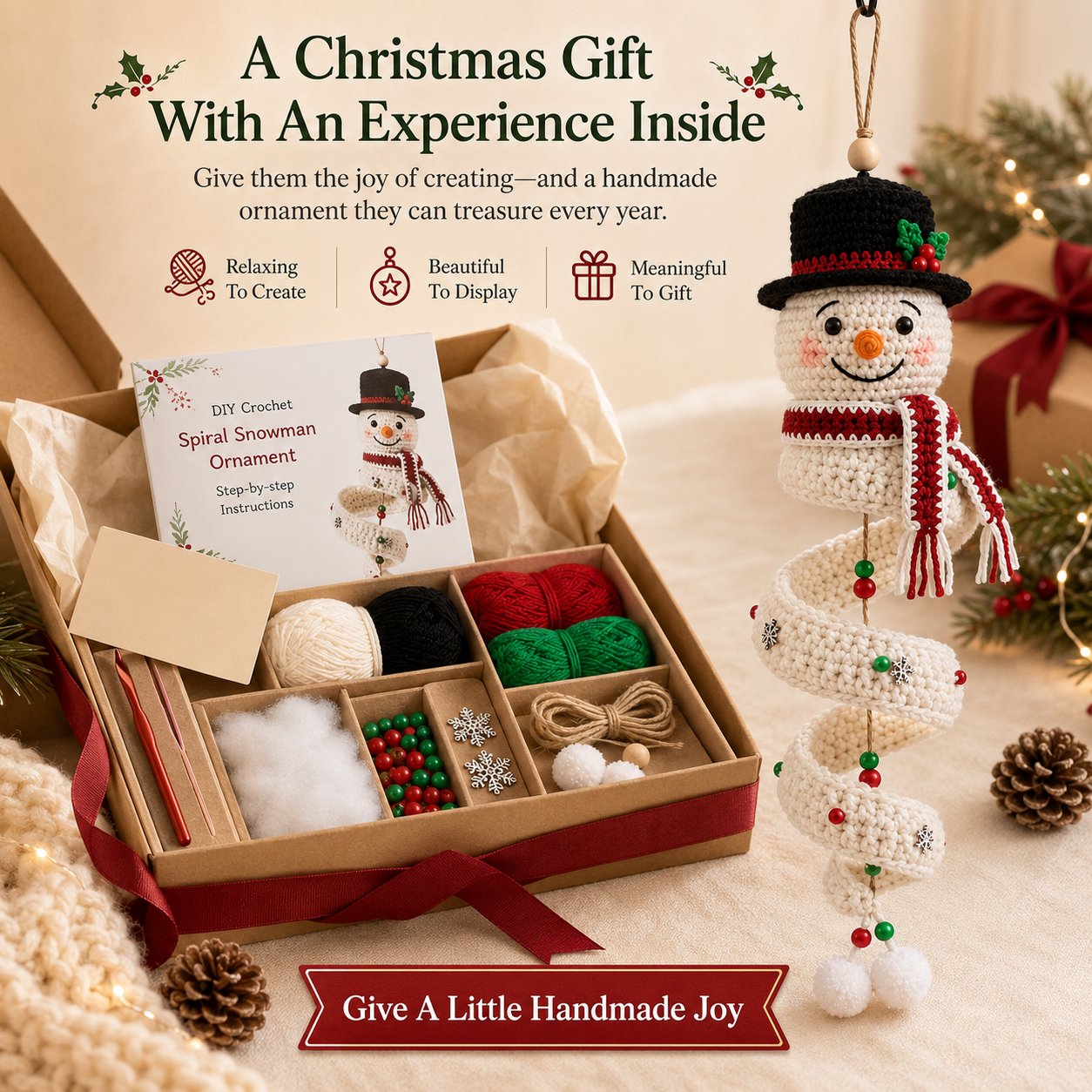 ☃️ Crochet Snowman Spiral Ornament DIY Kit | Complete Beginner-Friendly Set with Soft Yarn, Crochet Hook, Festive Beads, Snowflakes & Step-by-Step Guide 🧶🎄✨