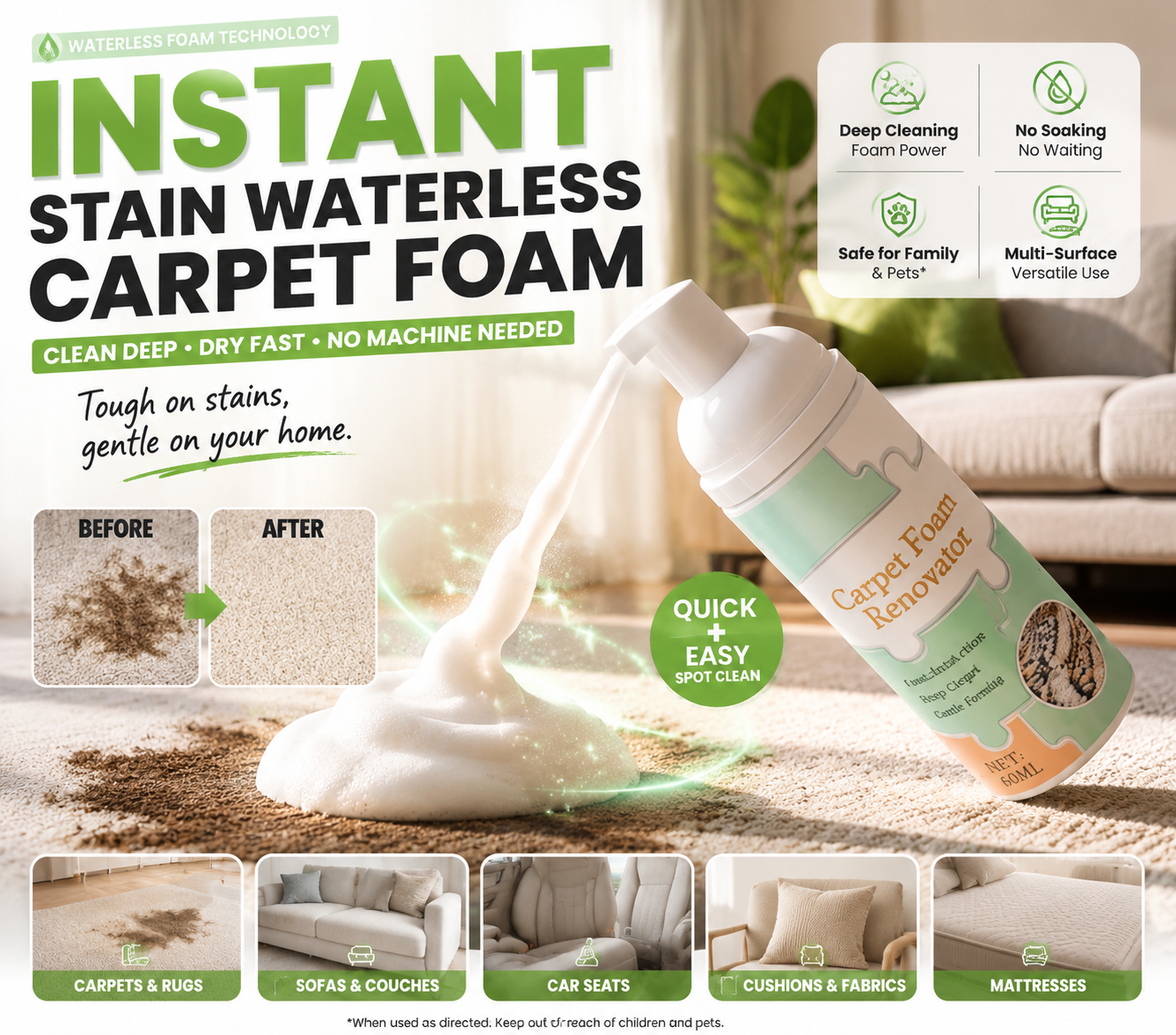 Waterless Carpet Foam Stain Remover with Towel
